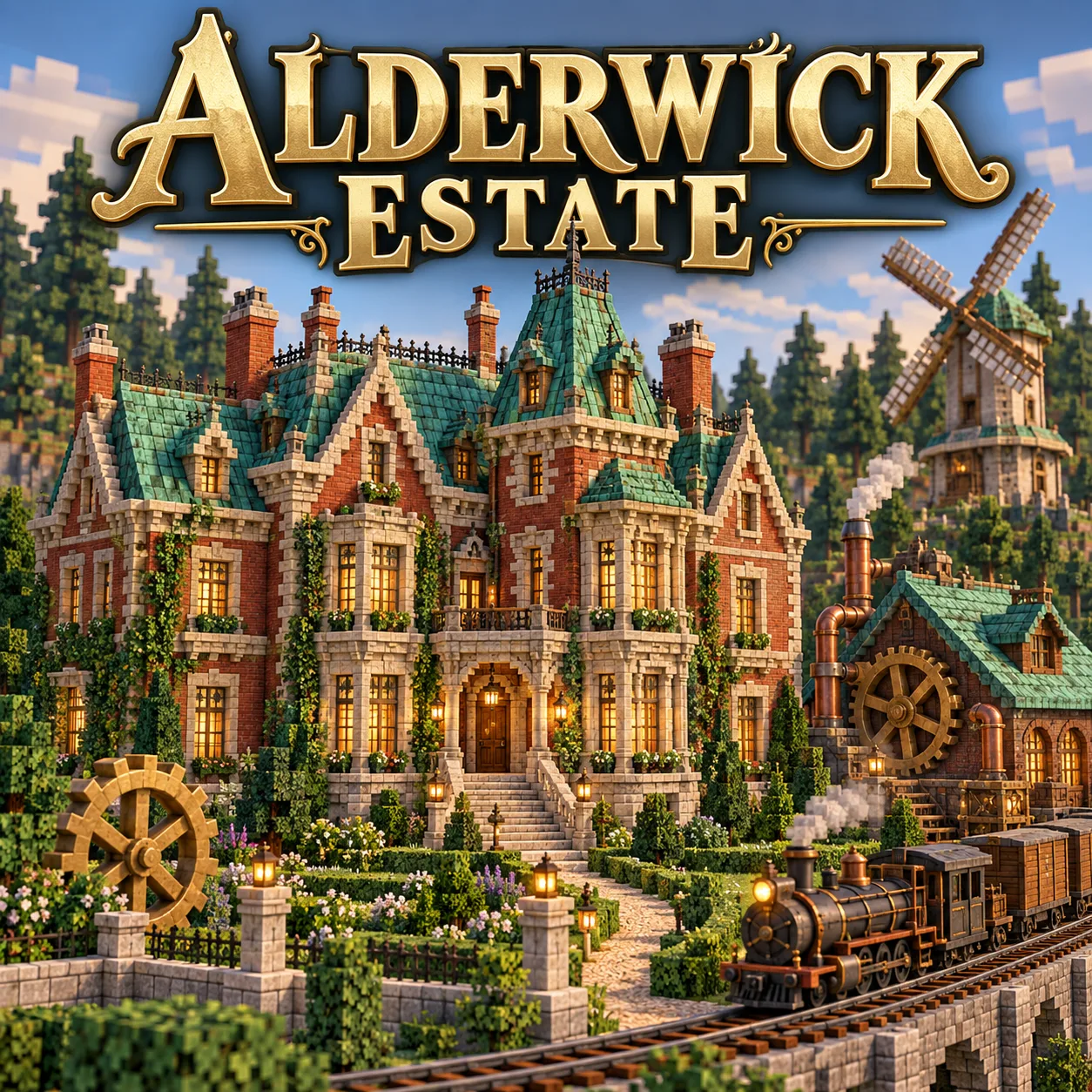 Illustrated key art of Alderwick House: a red-brick Victorian mansion with teal copper roofs, lit windows, a windmill, a brass-geared workshop and a small steam train on a viaduct.
